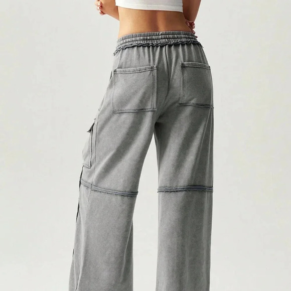 Dark Grey Casual Women's Vacation Knitted Pleated Pocket Palazzo Pants - Picture 4 of 7